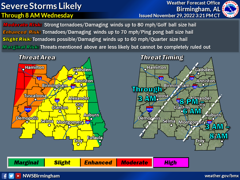 A map of Alabama showing Tuscaloosa County in an enhanced risk for severe weather.