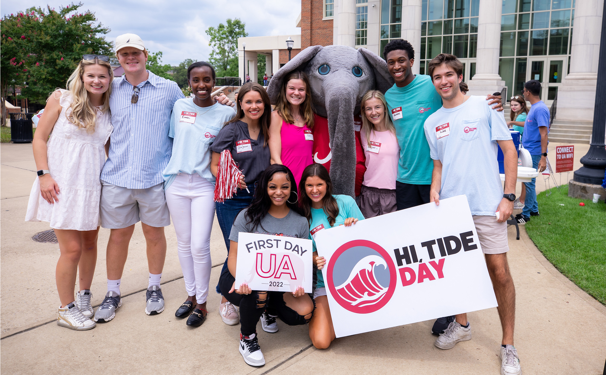 A group of students posing with Big Al on the first day of classes