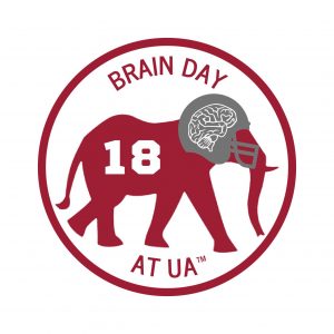A logo that reads Brain Day at UA with a red elephant wearing a football helmet with brain visible inside.