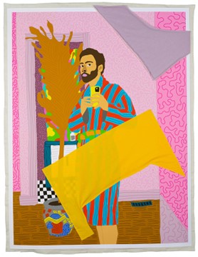 a colorful work of art showing a man taking a selfie