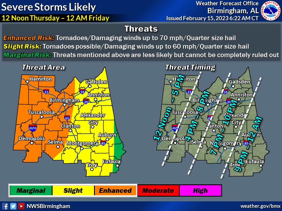 A map of Alabama showing Tuscaloosa County under an enhanced risk for severe weather.