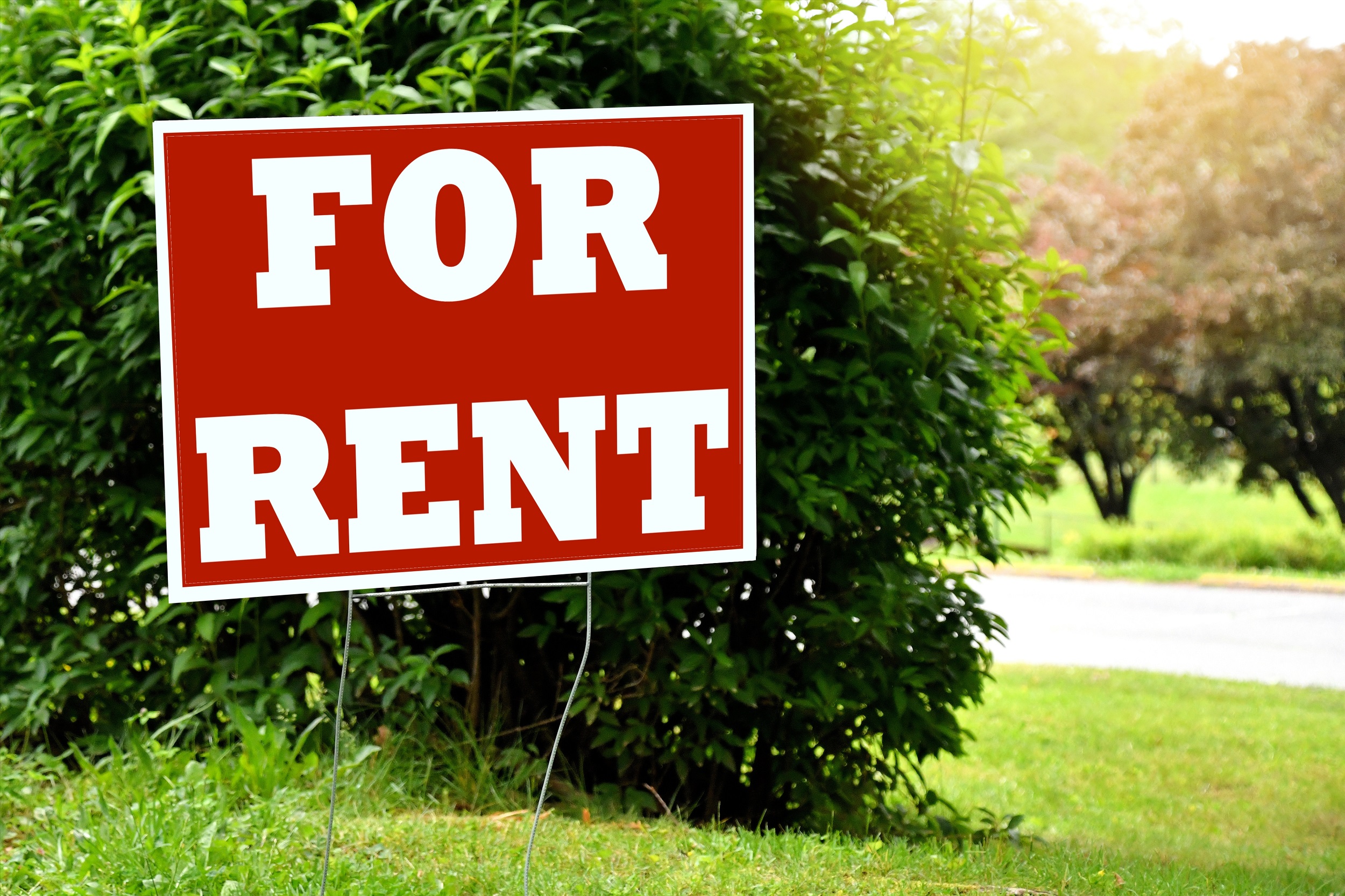 A red yard sign sign reading in white letter "for rent."