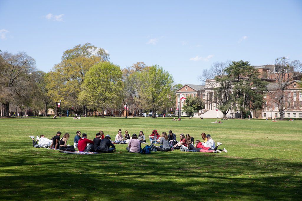 Class, outdoors, quad, spring, students studying, learning