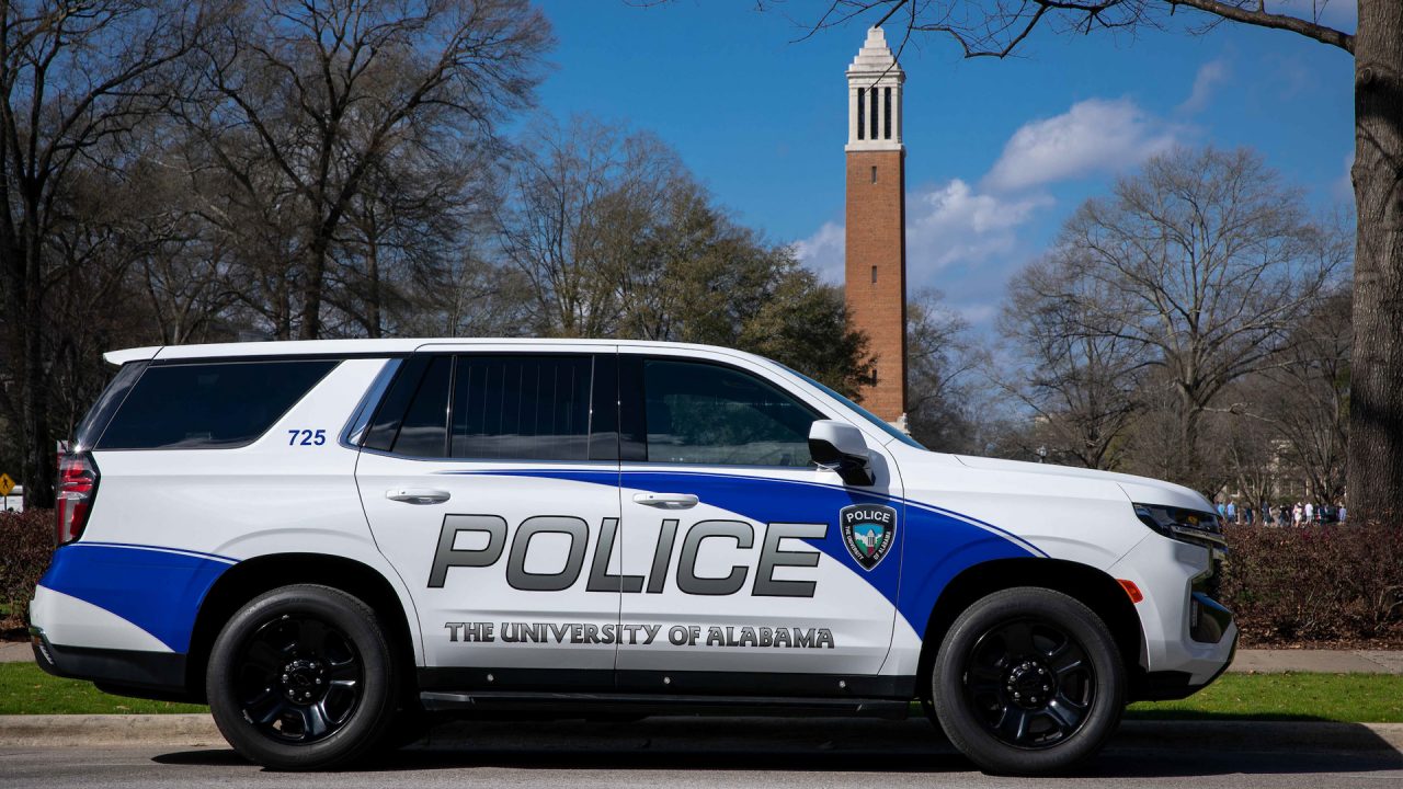 University of Alabama Police Department vehicle in front of Denny Chimes