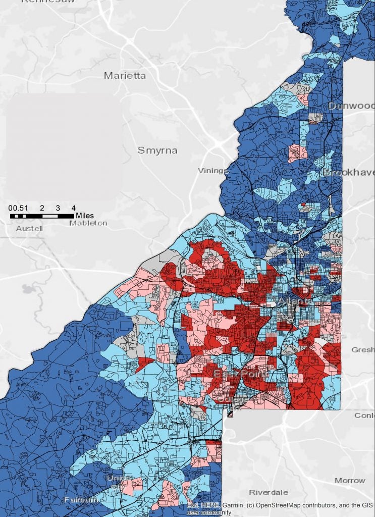 A map of Atlanta, Georgia, color coded by researchers at The University of Alabama to represent risk to natural disasters.