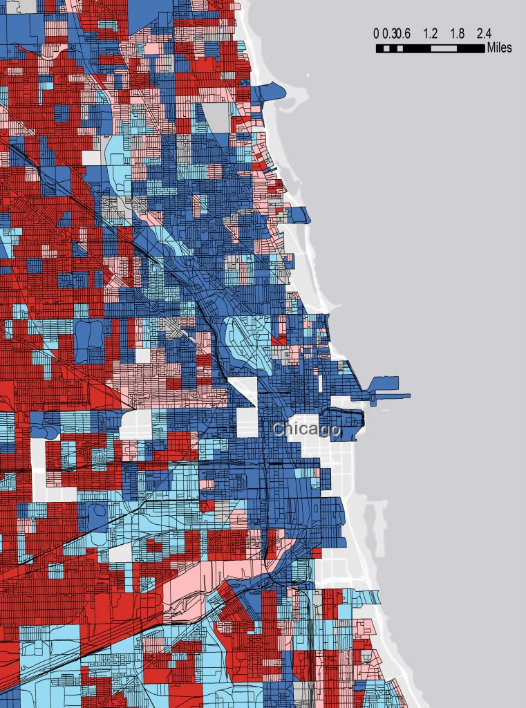 A map of Chicago, Illinois, color coded by researchers at The University of Alabama to represent risk to natural disasters.