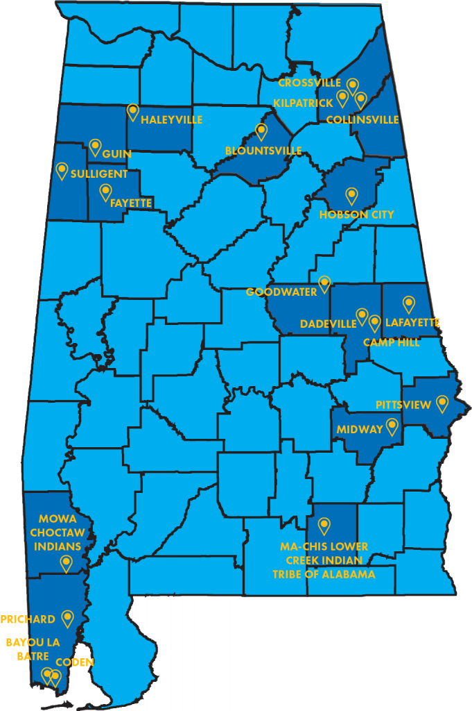 A map of Alabama with communities in the program pinned with names.