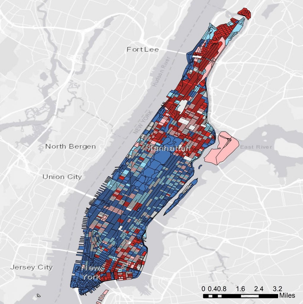 A map of the Manhattan borough of New York City color coded by researchers at The University of Alabama to represent risk to natural disasters.