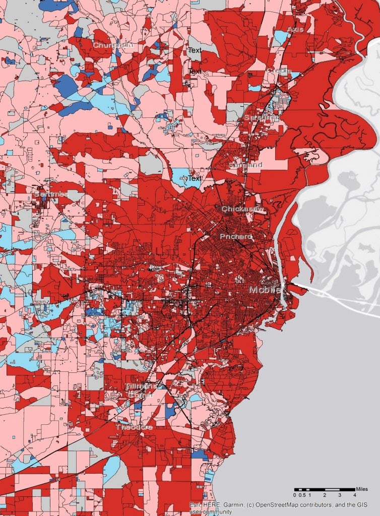 A map of Mobile, Alabama, color coded by researchers at The University of Alabama to represent risk to natural disasters.