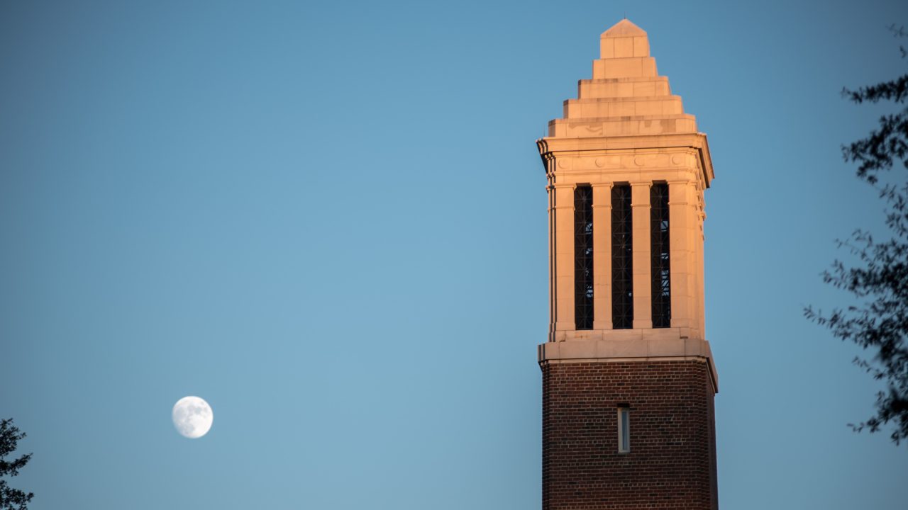 top of Denny Chimes with full moon