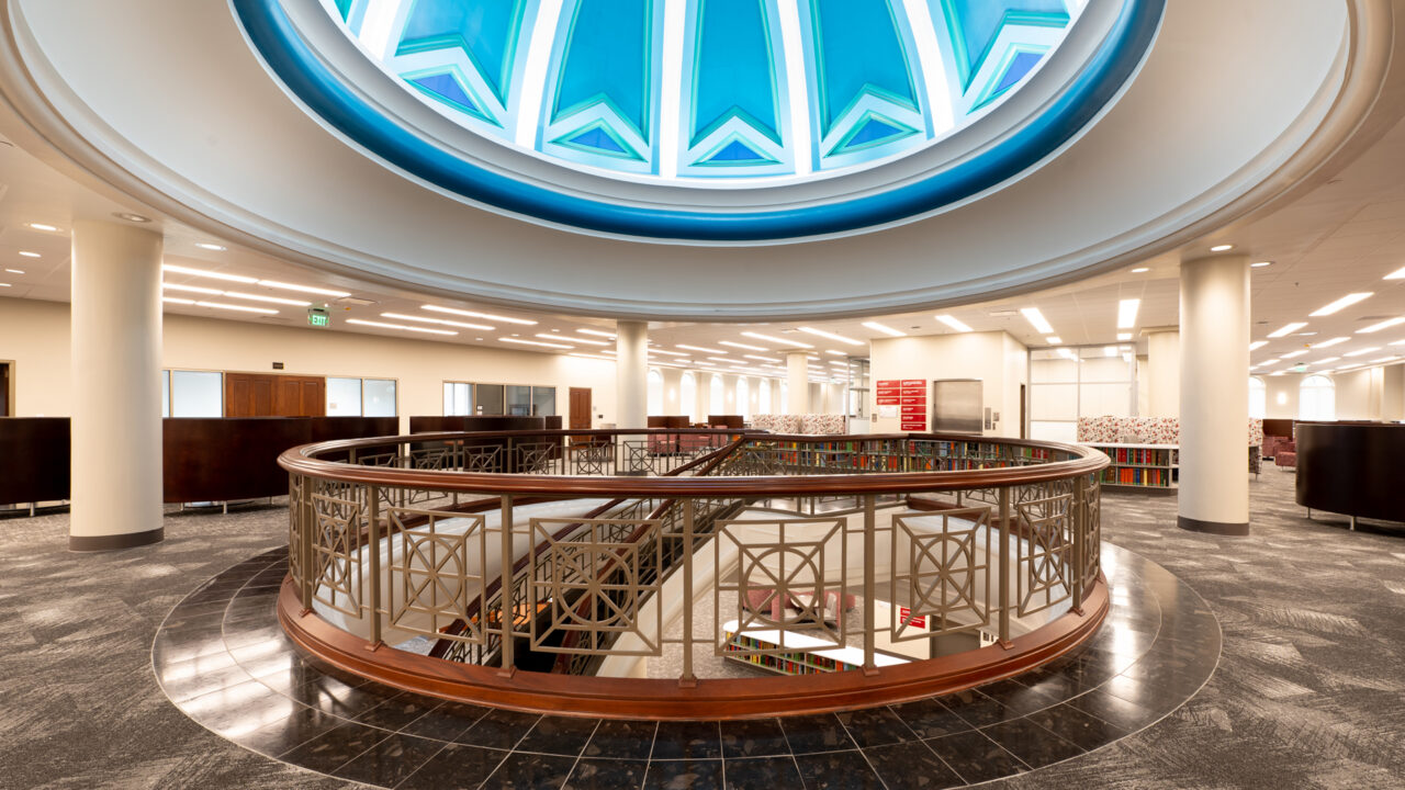 the stair case and rotunda on the main floor of the library