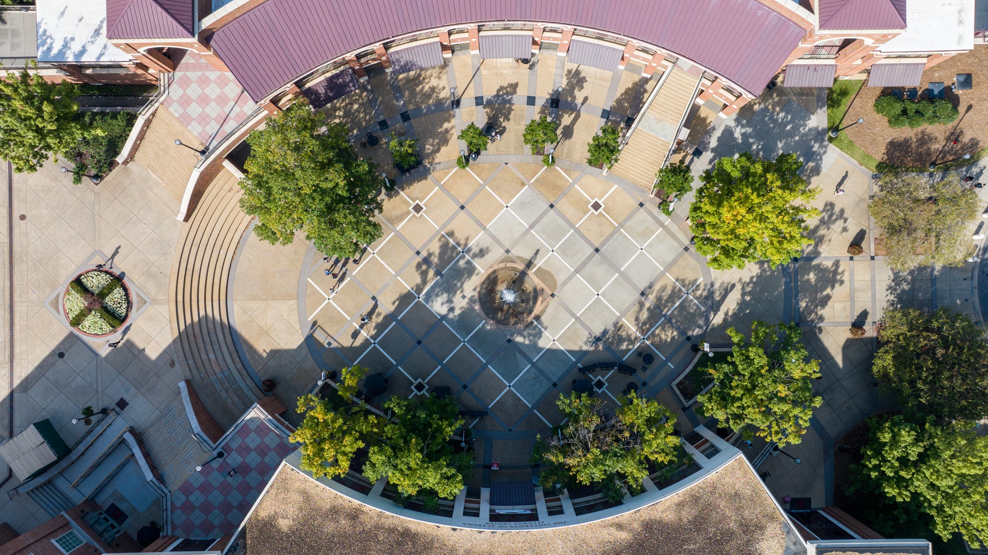 overhead view of Student Center plaza and fountain taken by drone