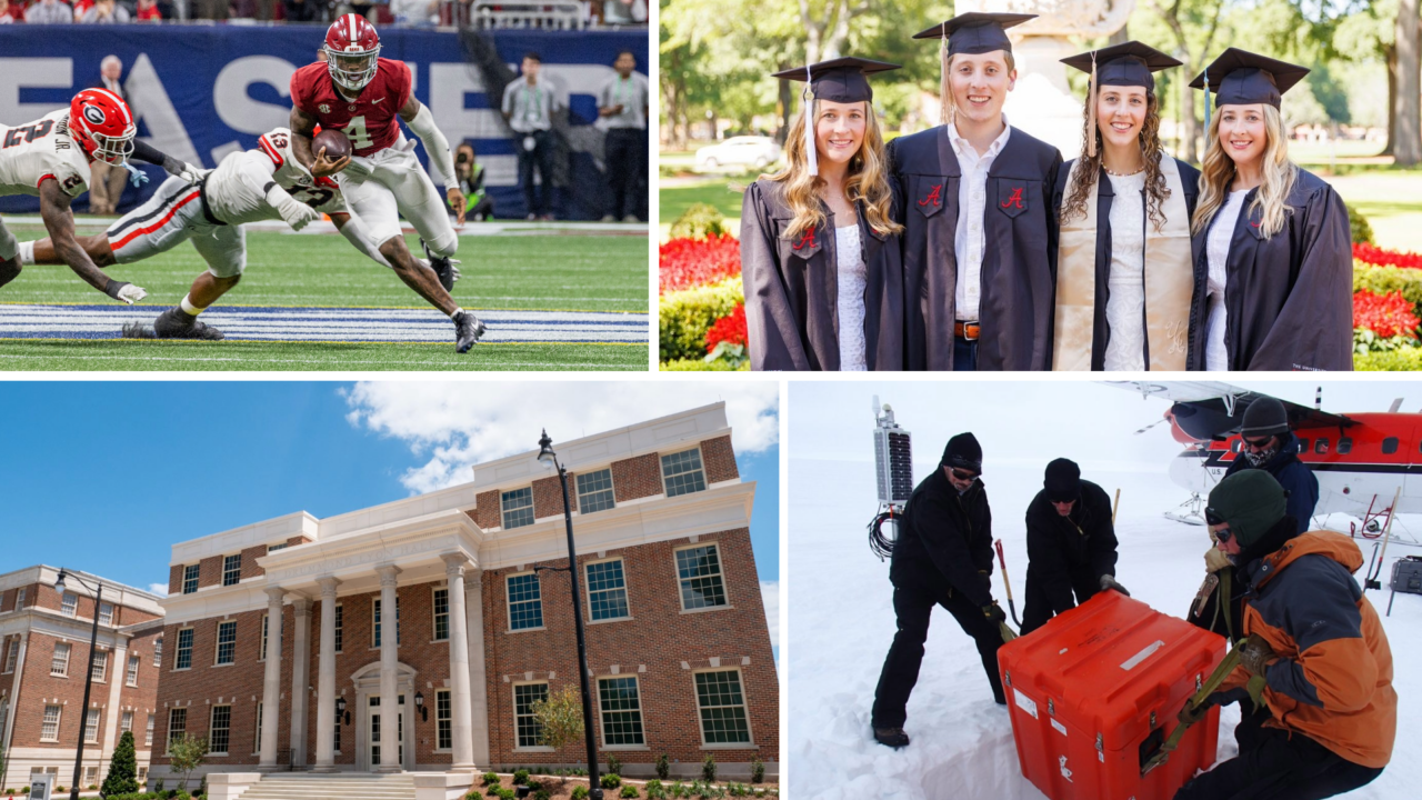 collage showing a picture of graduates, research equipment, football players, and the new Drummond Lyon Hall
