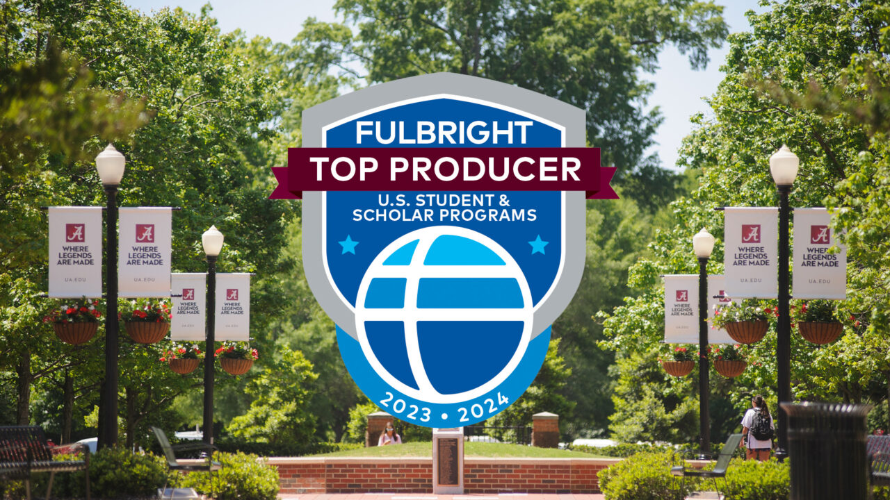 The Fulbright logo over a campus beauty photo