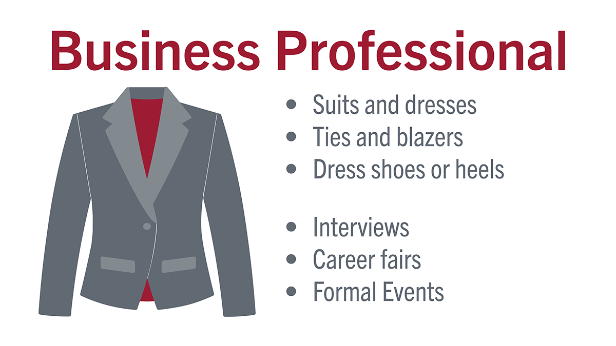Business professional, suits and dresses, ties and blazers, dress shoes or heels, interviews career fairs, formal events 