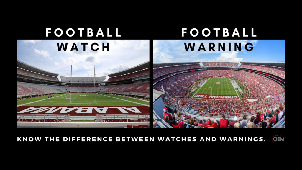 an image of an empty Bryant-Denny Stadium next to a picture of the stadium full of fans to illustrate the difference between tornado watches and warnings