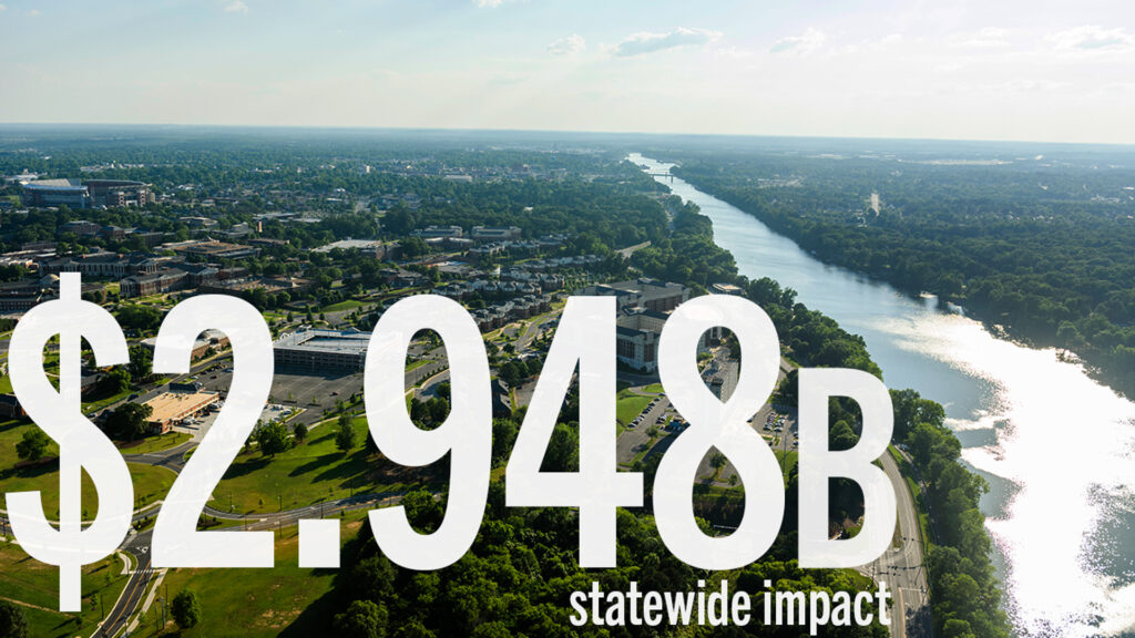 Text of statewide impact amount of $2.94 billion over an aerial photo of Tuscaloosa