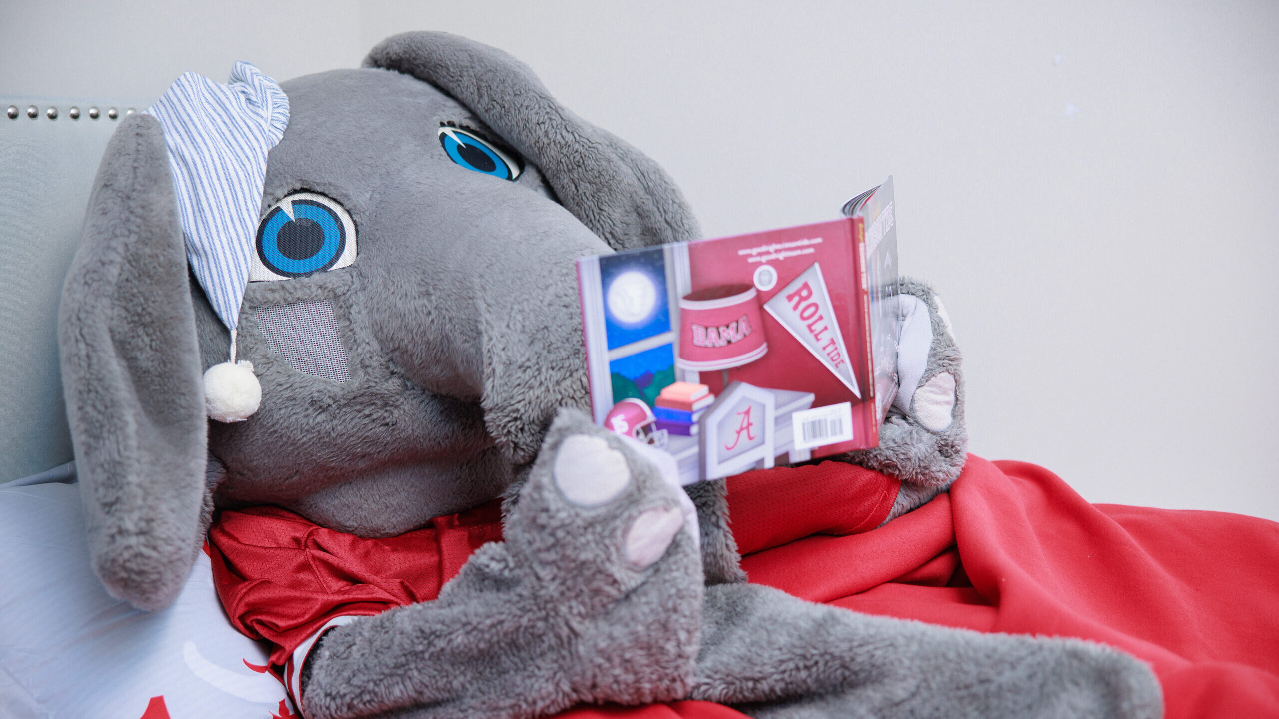 Big Al laying in bed with a sleep cap and a UA catalogue.