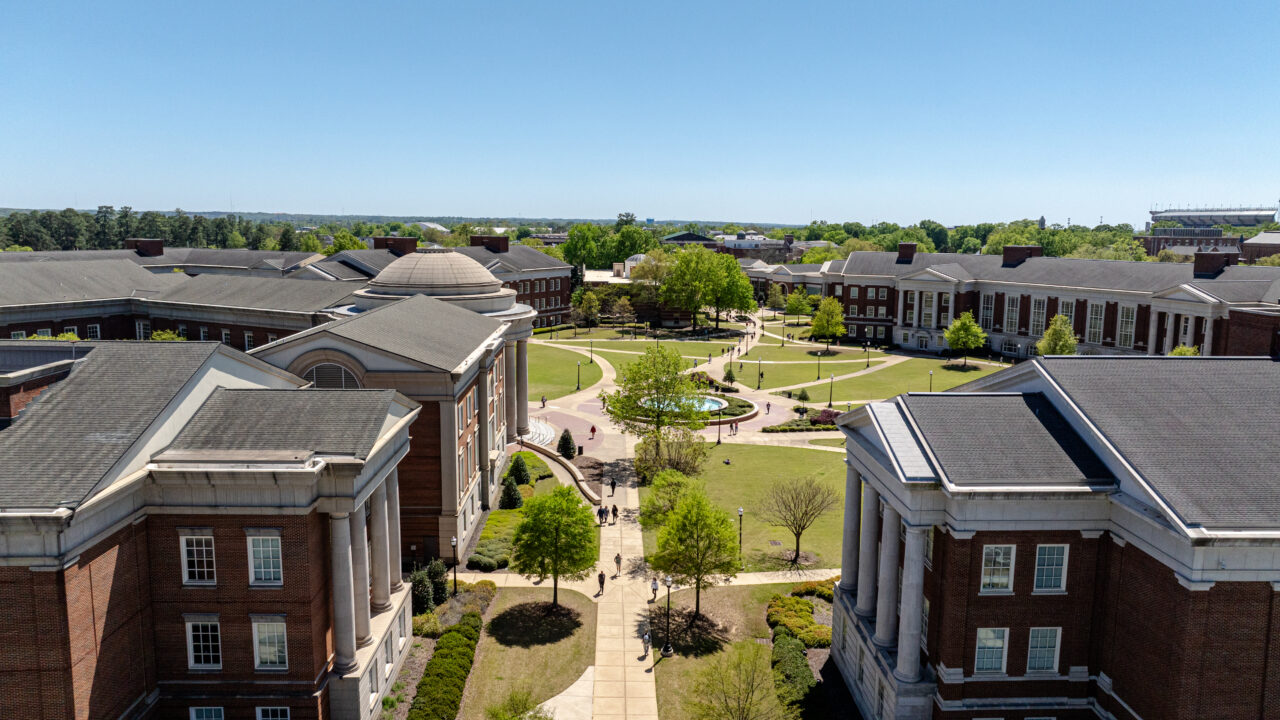 An aerial view of the Shelby quad on UA's campus