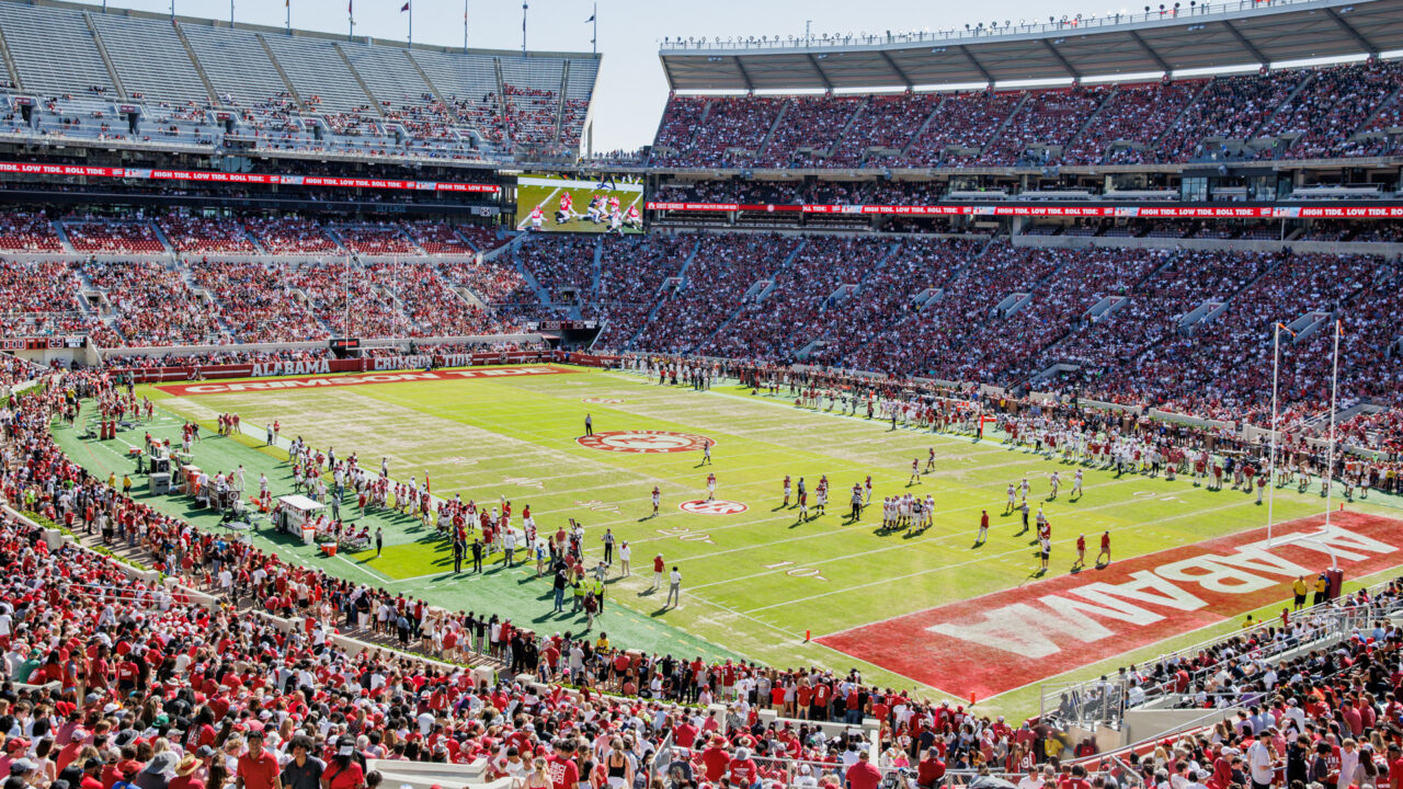 a view of the field at Bryant-Denny stadium showing that the stadium was full of people