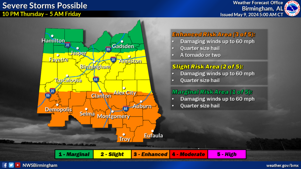 A map of Alabama showing Tuscaloosa County in a slight risk for severe weather from 10 p.m. on Thursday, May 9 to 5 a.m. Friday, May 10