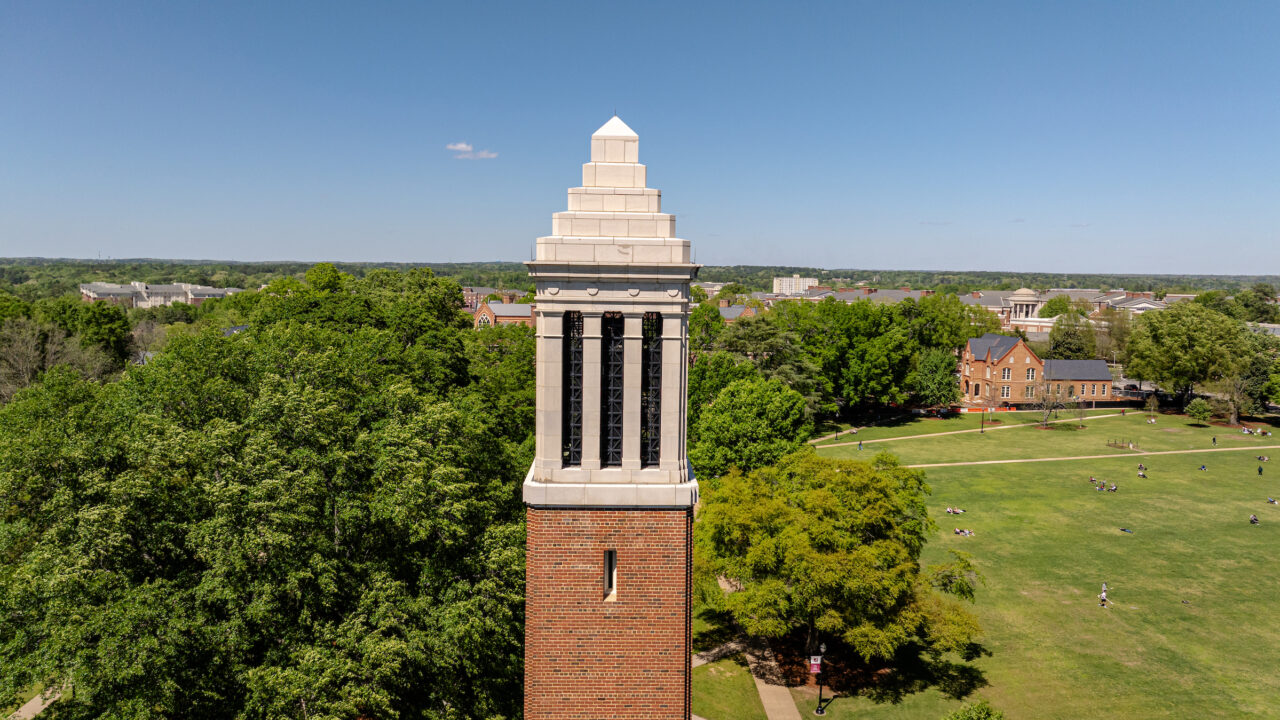 view of the top of Denny Chimes and the horizon taken from a drone