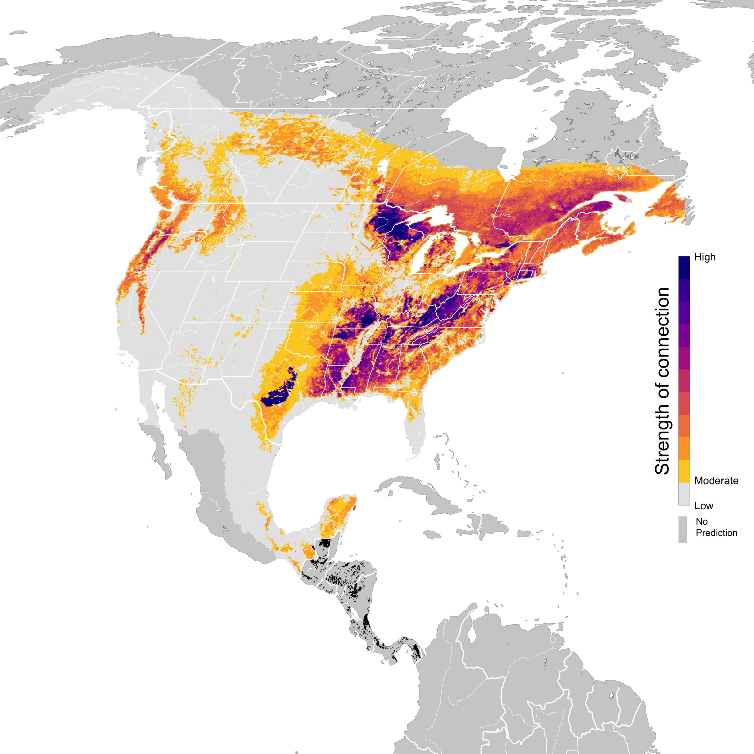Map shows the concentration of 45 migrant species that winter in Central America (black dots) in areas predicted to increase in suitability for narco-trafficking following peak interdiction