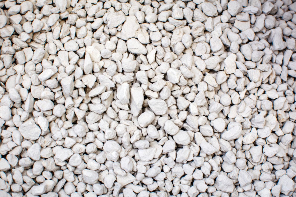 Small, irregular white pebbles with a chalky appearance. 