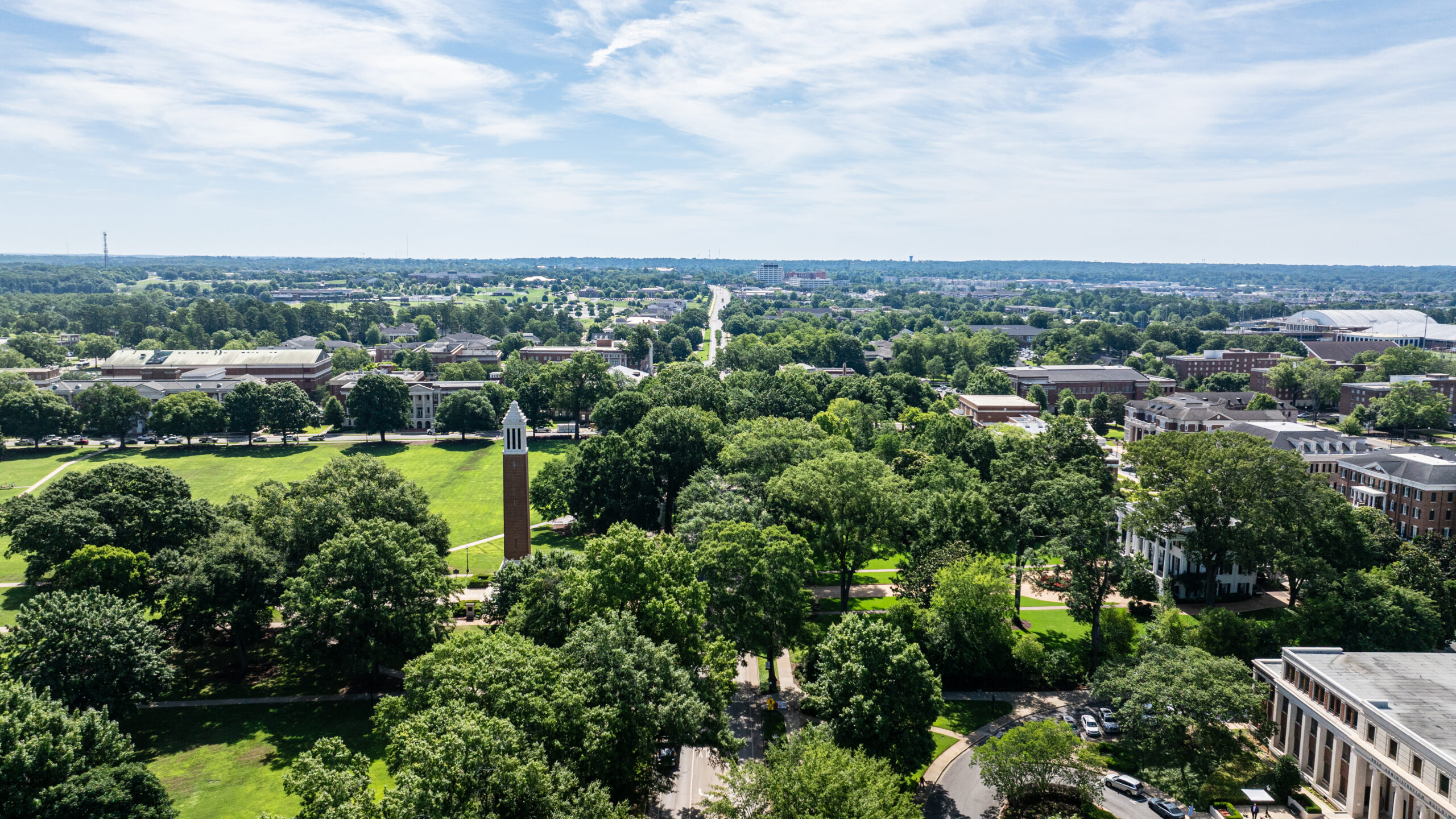 Aerial View of campus and Denny Chimes