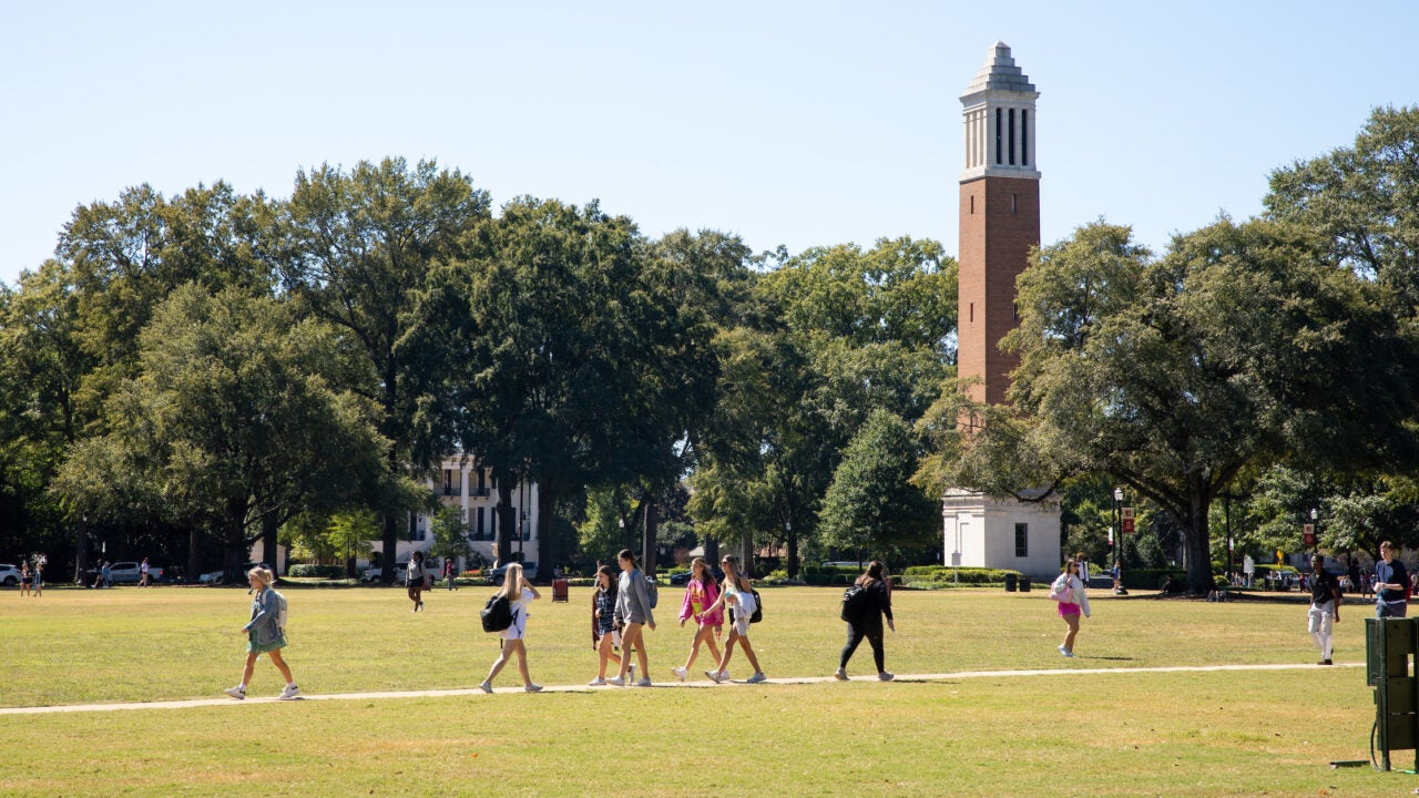 students walking across the quad