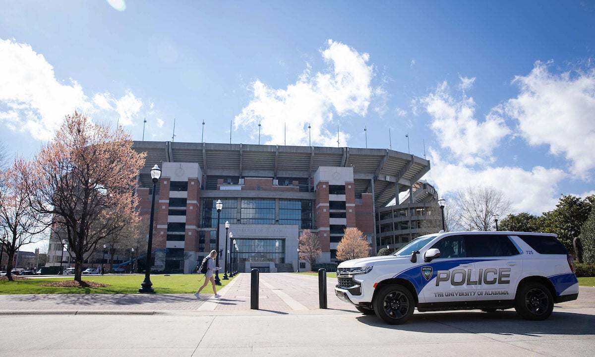 A UA police car parked in front of Bryant-Denny Stadium.