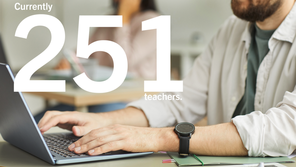 Person using a laptop and text reads Currently 251 teachers.