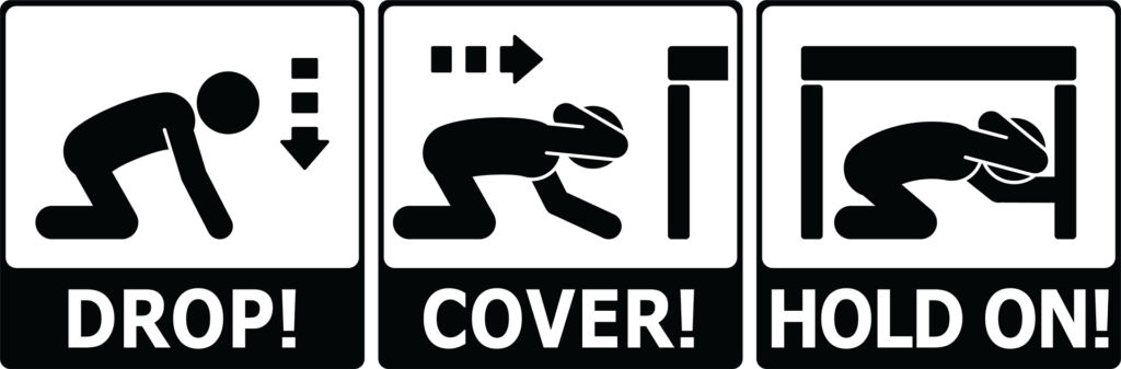 A graphic that shows a person dropping to their hands and knees, covering their head with their hands and arms, and crawling under a table.