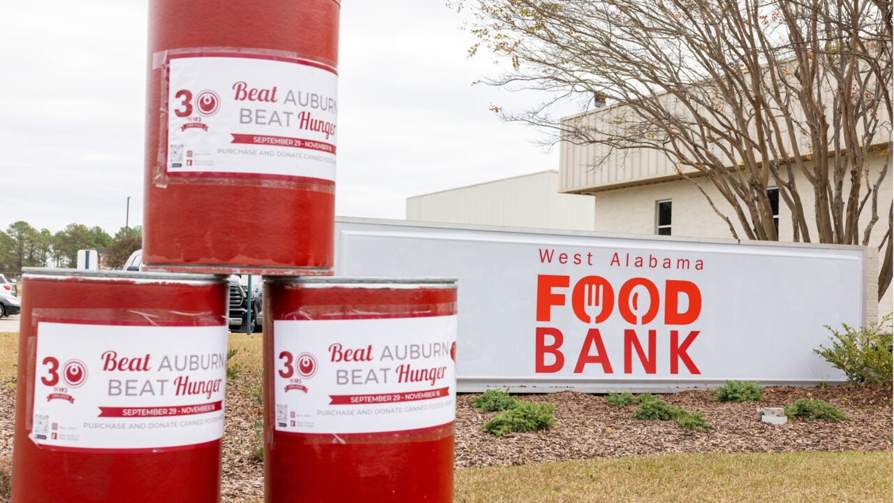 Donation barrels in front of the West Alabama Food Bank