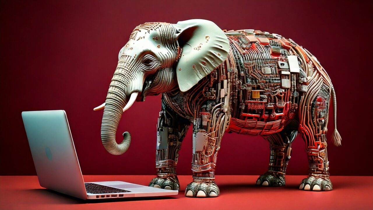 AI generated image using Adobe Firefly with the prompt: A robot elephant covered in computer circuits standing on a red surface with a laptop.