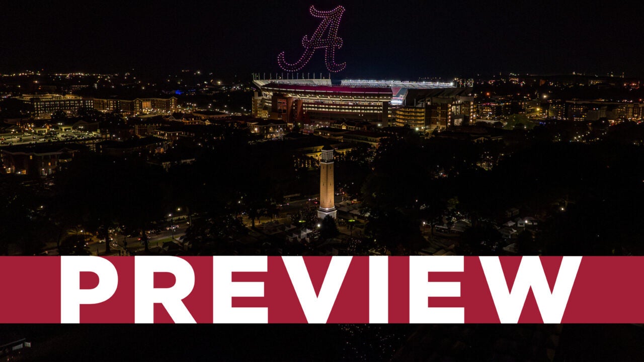 Drones forming the Script A over Bryant Denny Stadium