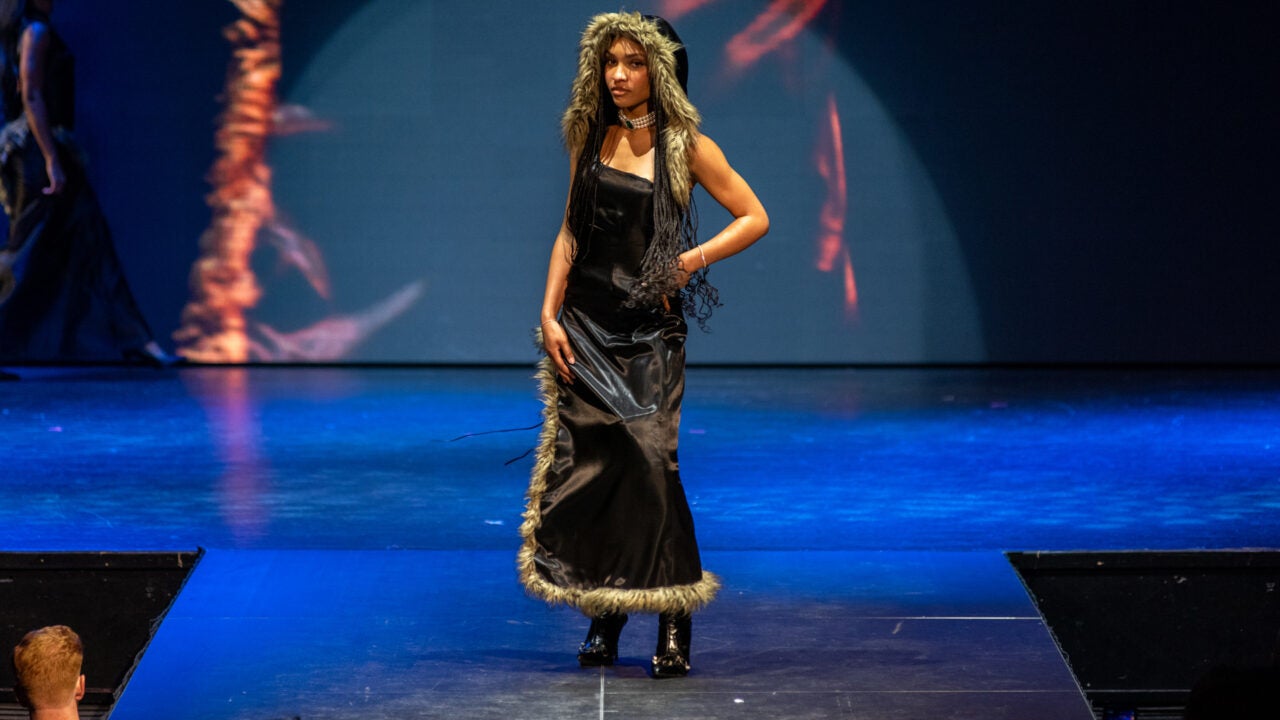 A model wearing a design by Zachary Brown