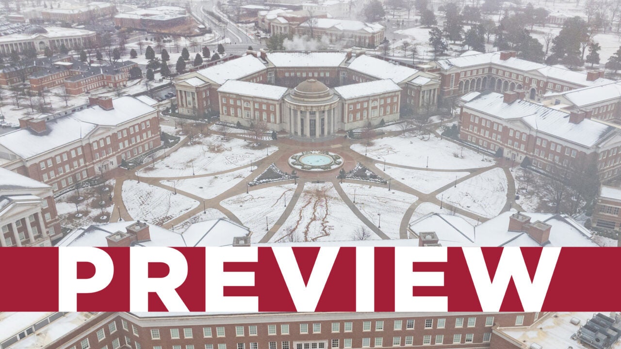 An aerial view of Shelby Quad covered in snow