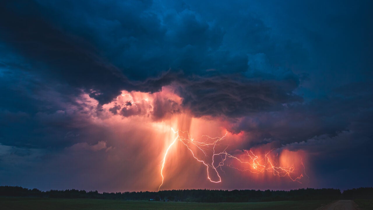 Lightning bolts from a severe thunderstorm.