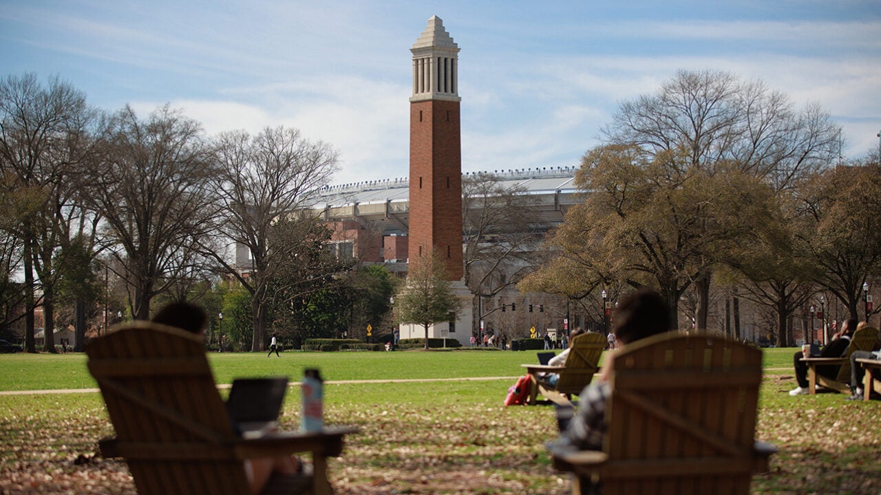 The University of Alabama Quad with Denny Chimes in the background.