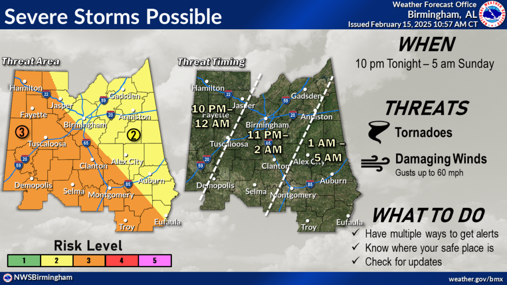 A map of Alabama showing Tuscaloosa is in an enhanced risk for severe weather from 10 p.m. on Saturday, Feb. 15, 2025 to 12 a.m. on Sunday, Feb. 16, 2025