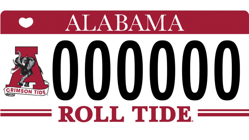 The Alabama license plate with the Vault A logo