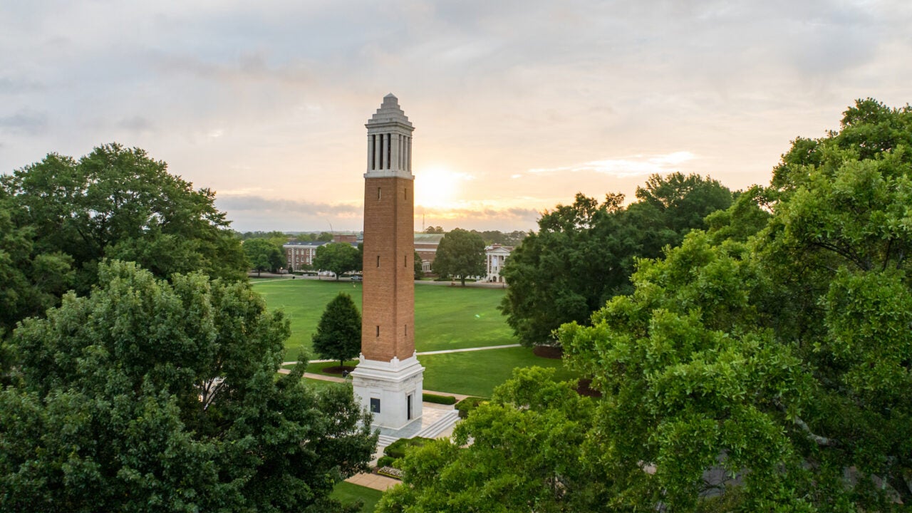 An aerial photo of Denny Chimes at sunrise