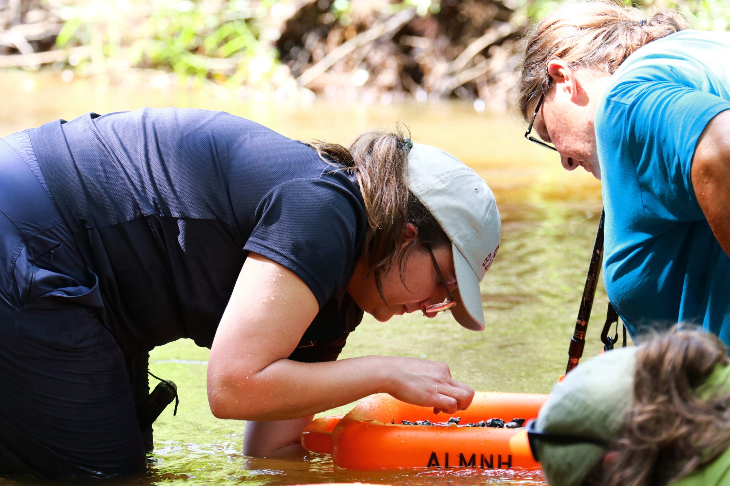 A woman in a tan ball cap and glasses leans over a bright orange sieve floating on the surface of the creek. She is moving pieces of gravel with her finger. Beside her, another woman looks on, learning to identify teeth.