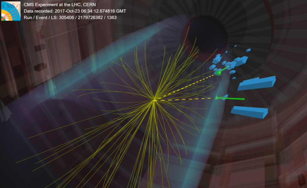 Used with permission from CERN, the illustration shows a display of an event seen in the CMS detector in 2017 consistent with the production of a Higgs boson, which decays into a pair of photons, as part of a search for anomalous couplings. The photons are indicated by the dashed yellow lines. Courtesy of CERN.