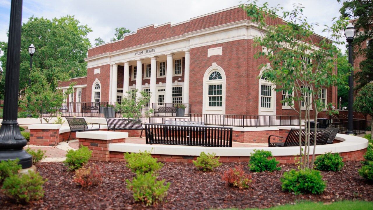 The plaza and front exterior of McLure Library