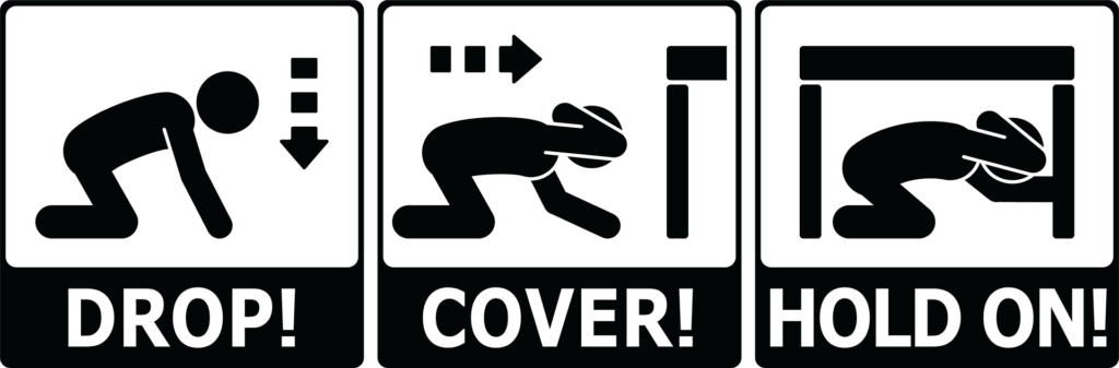 A graphic showing a person dropping to their hands and knees, covering their head and neck and crawling under a table.