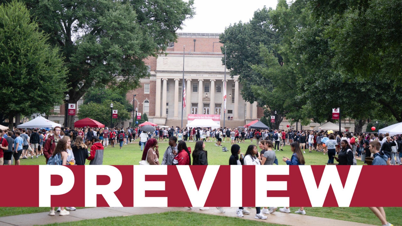 Students walking on the Quad during Get on Board Day