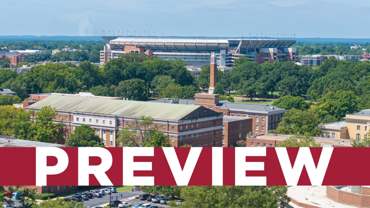 Aerial photo of campus with Denny Chimes and Saban Field at Bryant Denny Stadium in the background