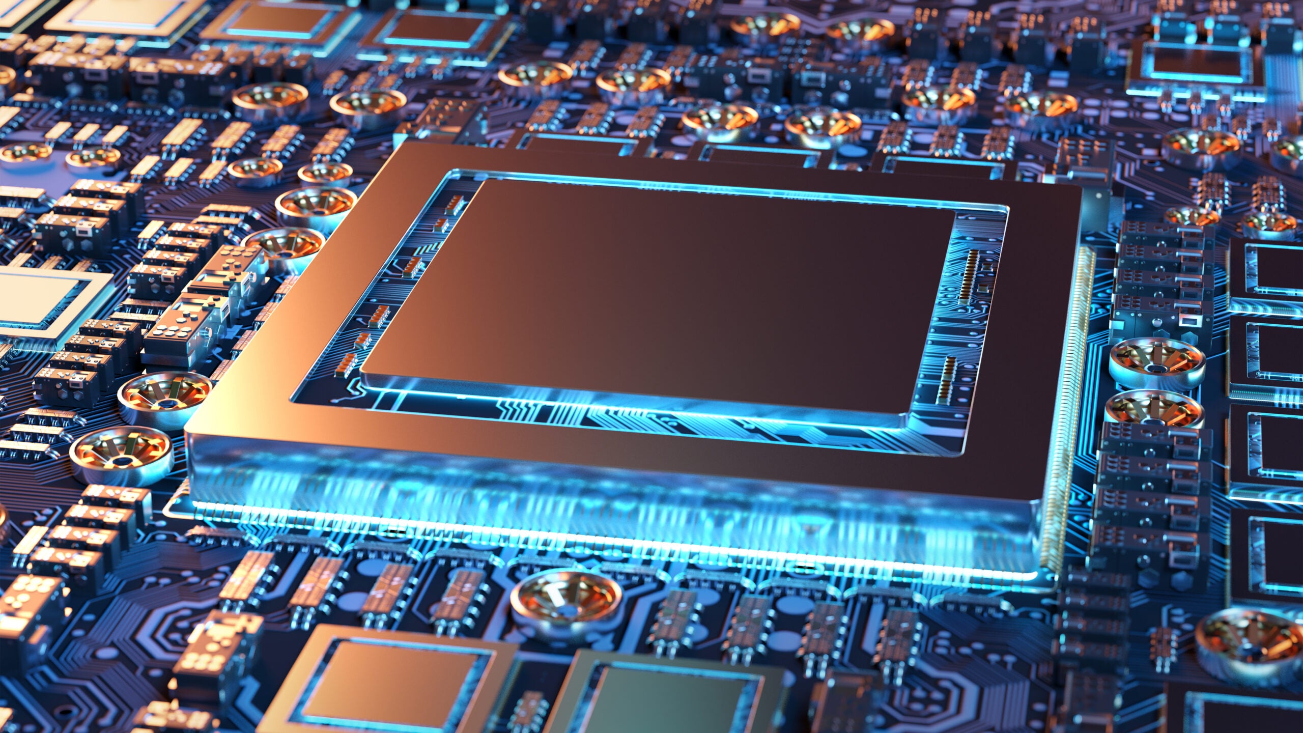 Close up of a GPU and circuit board with blue light